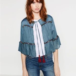 Zara blue Boho tiered open front embroidered tassel Peasant top size Medium